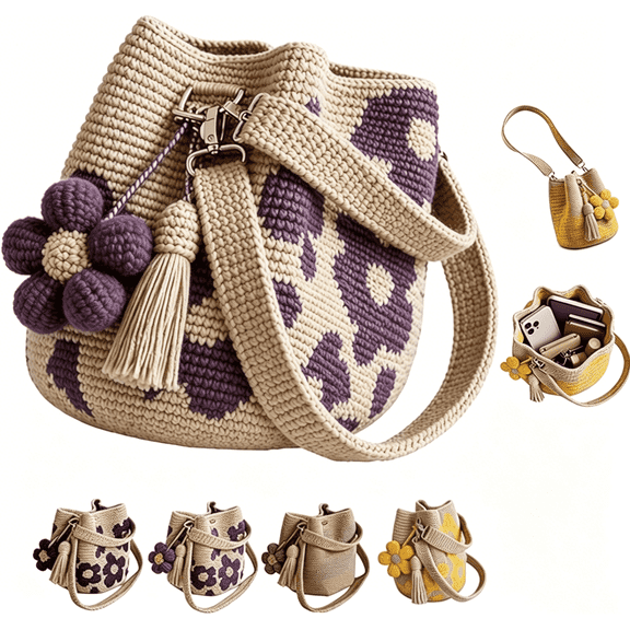 Handmade Woven Handbags with Flower Charm, Crochet Bucket Bag for Women, Casual Knit Shoulder Purse for Daily Use, Travel, Beach