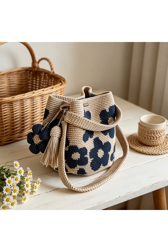 Handmade Woven Handbags with Flower Charm, Crochet Bucket Bag for Women, Casual Knit Shoulder Purse for Daily Use, Travel, Beach