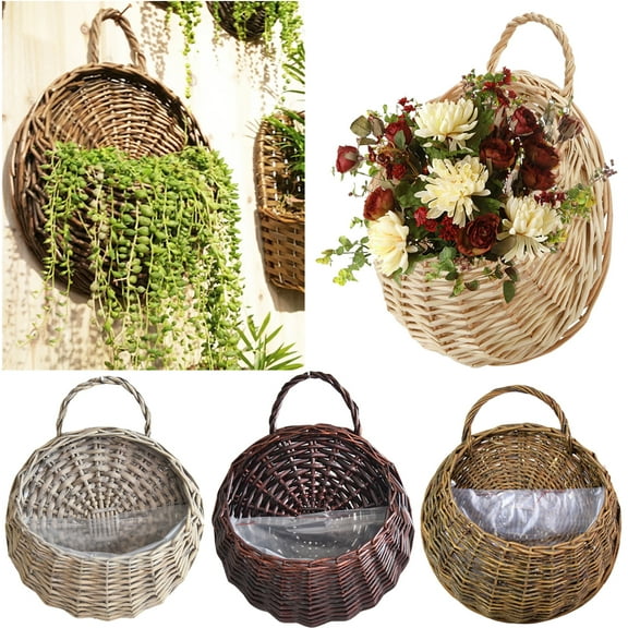 Handmade Woven Hanging Basket Flower Pot Wall Fence Hanging Planter, Natural Rattan Hanging Storage Basket Nest Storage Container for Home Garden Wall Decoration