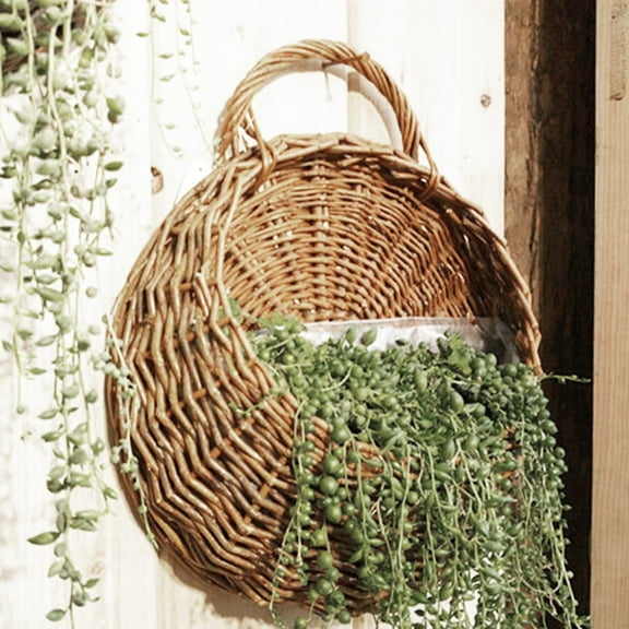 Handmade Woven Hanging Basket Flower Pot Wall Fence Hanging Planter, Natural Rattan Hanging Storage Basket Nest Storage Container for Home Garden Wall Decoration