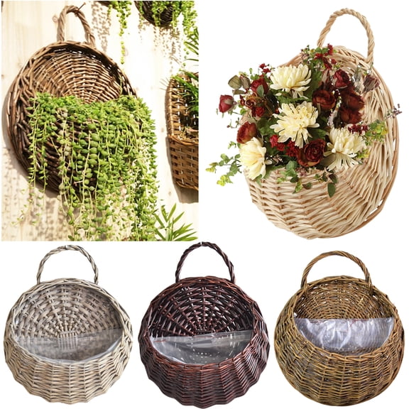 Handmade Woven Hanging Basket Flower Pot Wall Fence Hanging Planter, Natural Rattan Hanging Storage Basket Nest Storage Container for Home Garden Wall Decoration