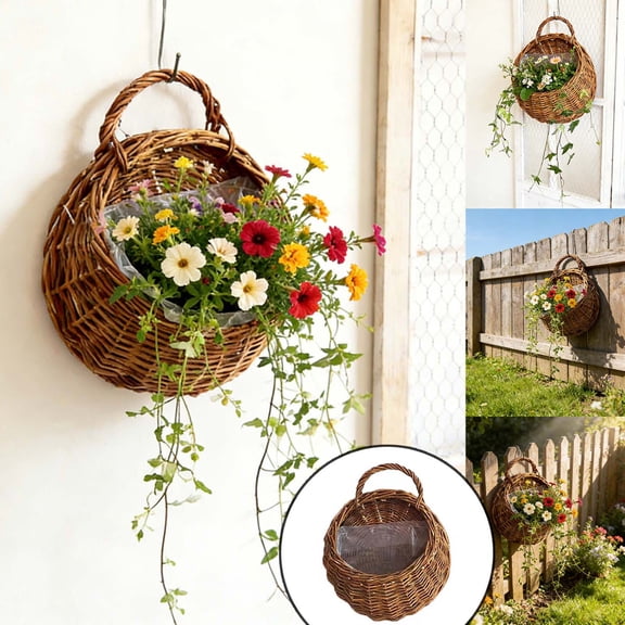 Handmade Woven Hanging Basket, Natural Wicker Rattan Storage Basket Wall Hanging Flower Pot Container