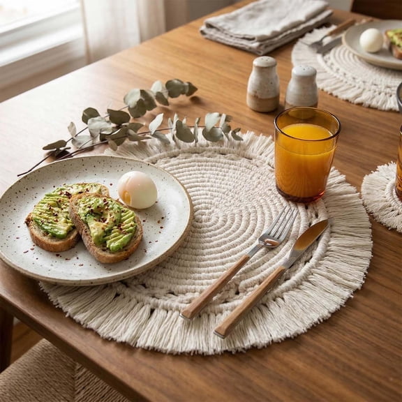 Handmade Woven Placemats Boho Round Cotton Placemats with Macrame Heat Resistant Non-Slip Table Mats for Desk Table Kitchen Dining Room Picnic Housewarming Home Decor 16 Inch - 1 Pack