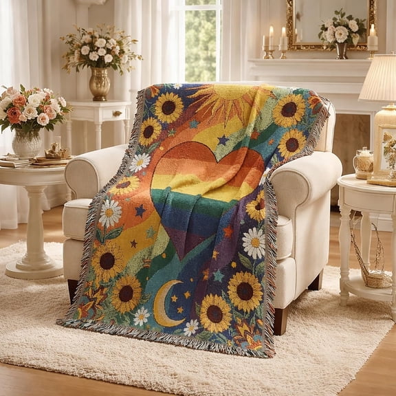 Handmade Woven Pride Blanket, Rainbow Heart Cotton Blend Throw with Fringe, Soft Heavyweight Knit Couch Blanket, Boho Decorative Tapestry for Sofa, Bed & Living Room (37'' X 52'')