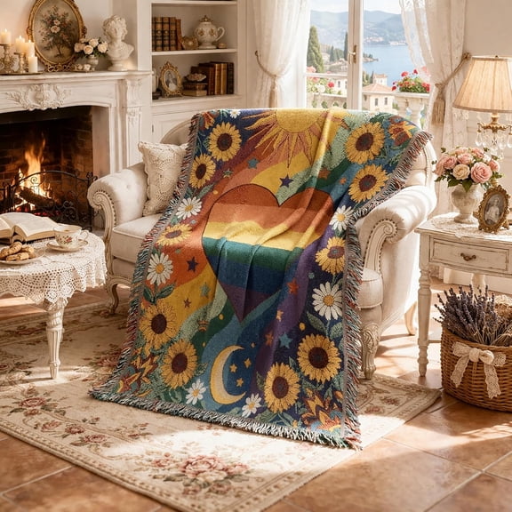Handmade Woven Pride Blanket, Rainbow Heart Cotton Blend Throw with Fringe, Soft Heavyweight Knit Couch Blanket, Boho Decorative Tapestry for Sofa, Bed & Living Room (60'' X 80'')