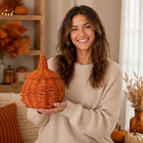 Handmade Woven Pumpkin Basket, Spooky Halloween Storage Organizer, Fall Farmhouse Centerpiece, Rattan Holiday Shelf Decor, Seasonal Party Gift