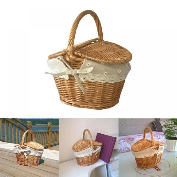 Handmade Woven Rattan Basket With Handle And Double Lids Camping Picnic Food Storage Container Organizer