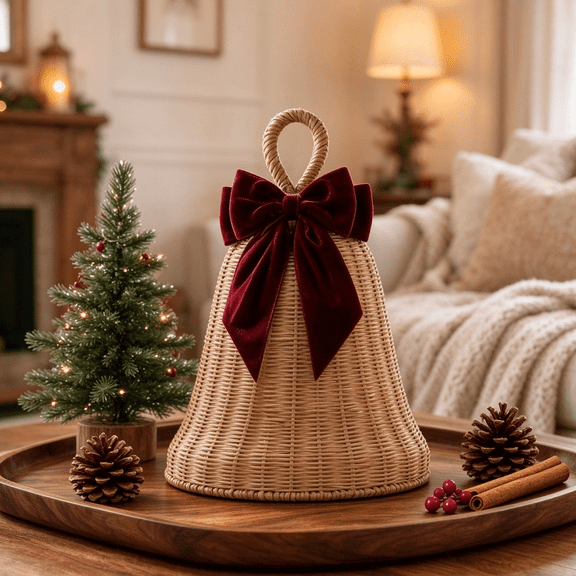 Handmade Woven Rattan Bell Christmas Decor, Natural Wicker Bell Shaped Basket for Holiday Home Decor, Farmhouse Tabletop & Xmas Gift