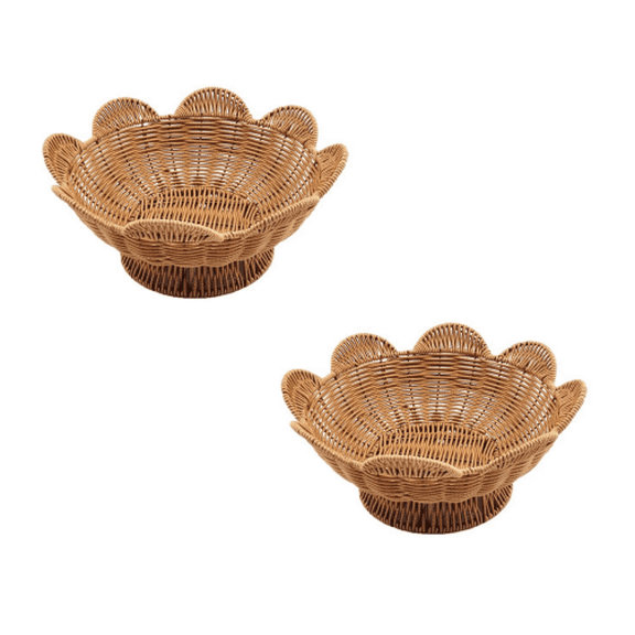 Handmade Woven Rattan Bowl, Scalloped Edges Bread Serving Basket, Tabletop Food Serving Trays, Fruits, Vegetables Display Boho Style Rustic Decorative Basket,Wicker Storage Bowls for Kitchen Entryway