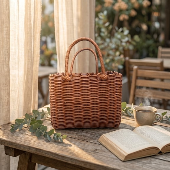 Handmade Woven Rattan Handbag, Rustic Natural Straw Storage Basket Tote for Summer Beach Outing and Home Organization, Brown