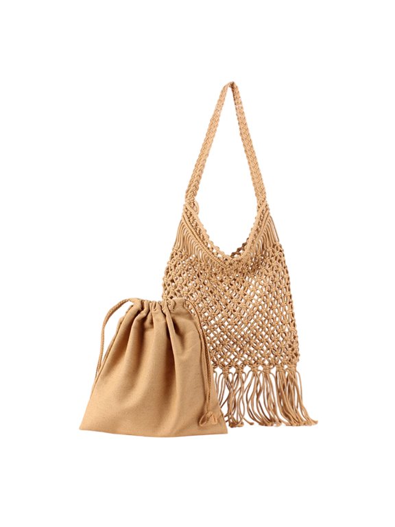 Handmade Woven Shoulder Bag with Tassel for Women, Spacious Beach and Daily Carry Purse in Forest Style, Durable Polyester Material, Ideal for Travel and Outdoor Short Trips