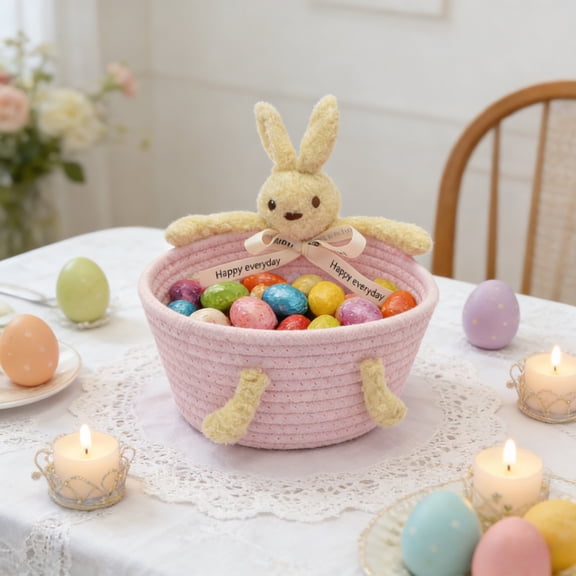 Handmade Woven Storage Basket, Cute Rabbit Design, Small Desktop Entrance Organizer for Miscellaneous Items, 12x4.5x8.4 inch