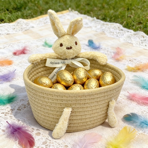 Handmade Woven Storage Basket, Cute Rabbits Teddy Bear Organizer, 12x4.5x8.4in Cotton Basket for Entrance Bedroom Khaki