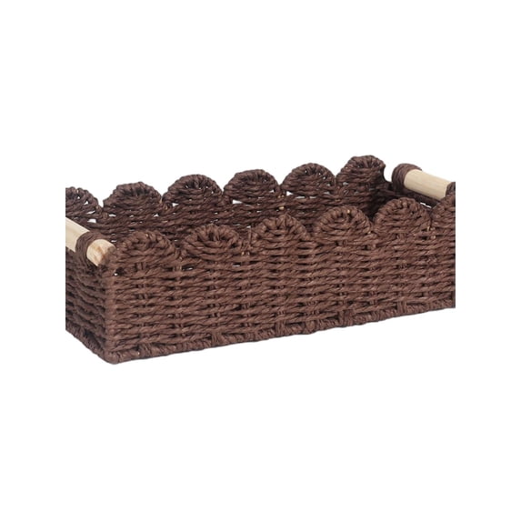 Handmade Woven Storage Basket – Scalloped Edge Paper Rope Organizer with Wooden Handles, Small Decorative Basket for Bathroom Counter, Shelf, Coffee Table(Brown)