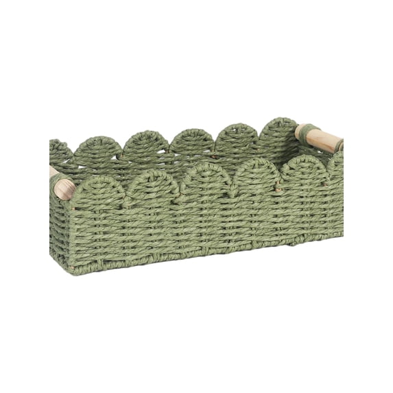 Handmade Woven Storage Basket – Scalloped Edge Paper Rope Organizer with Wooden Handles, Small Decorative Basket for Bathroom Counter, Shelf, Coffee Table(Green)