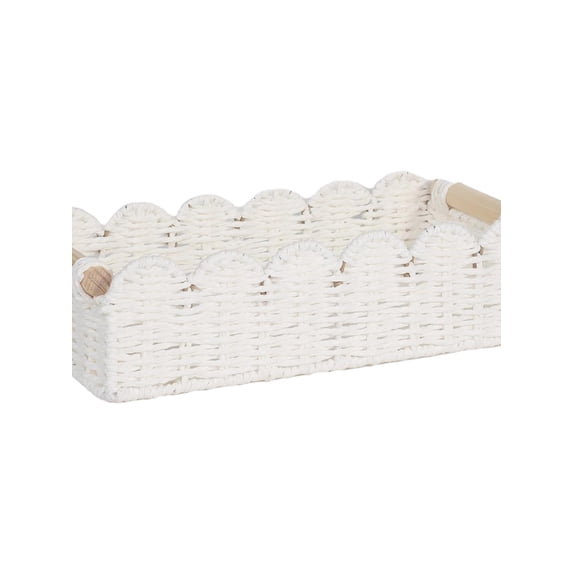 Handmade Woven Storage Basket – Scalloped Edge Paper Rope Organizer with Wooden Handles, Small Decorative Basket for Bathroom Counter, Shelf, Coffee Table(White)