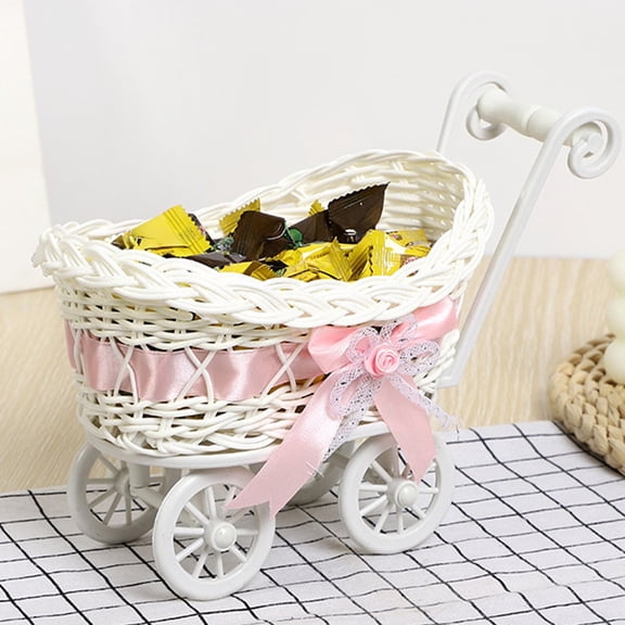 Handmade Woven Storage Basket with Wheels | Small Rolling Cart for Candy Fruit & Snacks | Multicolor Plastic Rattan Style Organizer | Home Wedding & Party Decor | 9.5x5.5x6.7 inch
