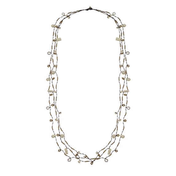Handmade X-long Triple Strands White TQ Brass Necklace