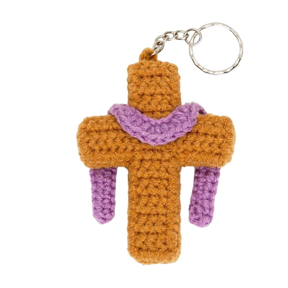 Handmade Yarn Cross Keychain Crochet Craft Soft Plush Key Ring Religious Symbol for Bag Backpack Decoration Gift
