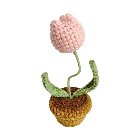 Handmade Yarn Tulip Potted Plant, Crocheted Faux Flower Arrangement for Desktop and Home Office Decor, Knitted Spring Decoration and Car Dash Accent, Charming Gift Idea