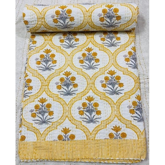 Handmade Yellow Floral Indian Kantha Quilt White Cotton Block Print Bedspread Hand Stitched Throw For Home Decor