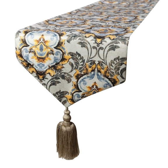 Handmade Yellow & Grey Table Runner 8 Seater Table Runner (16 x 108 inch), Damask with Tassels Table Runner, Satin fabric Table Linen, Damask Pattern Modern Style - Flaring Damask