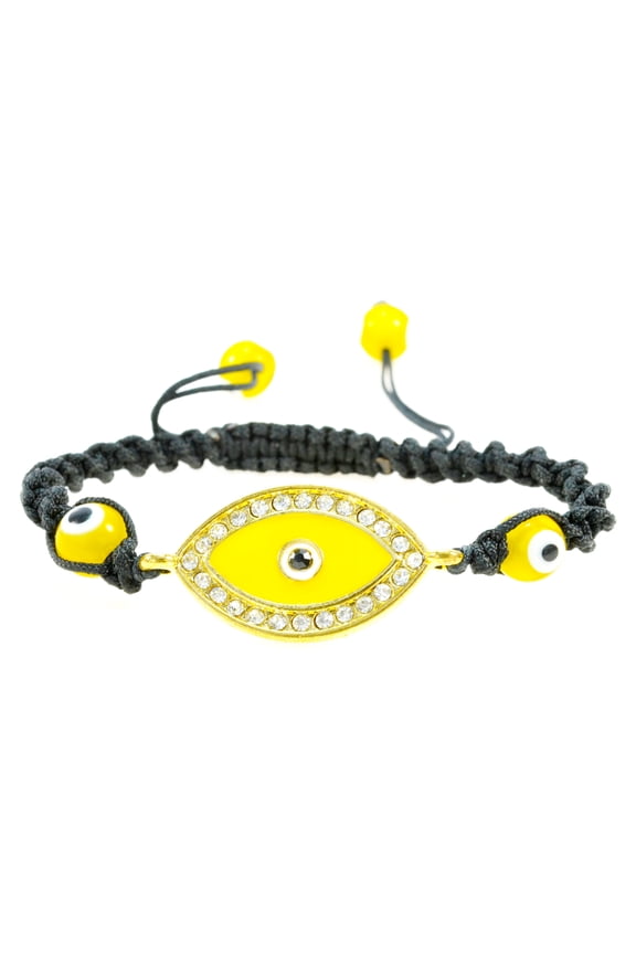 Handmade Yellow and Gold Color Evil Eye Crystal Bracelet with Black String Macrame Style Adjustable Bracelet - Good for Protection - 91102