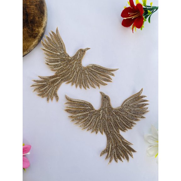Handmade Zardozi Gold Bird Embroidered Patch Set, Left and Right, 6x7 Inch, 2 Pieces