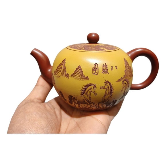 Handmade Zisha Pottery Teapots Decorative Fashion Carved Engraved Equine Pattern Etched Sculpted Spherical Globular Round Vessel