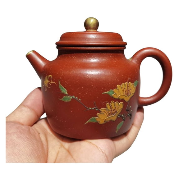 Handmade Zisha Pottery Teapots Decorative Fashion Carved Gilded Intricate Floral Pattern Art Painted Flower Design Motif Gold