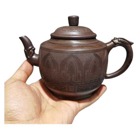 Handmade Zisha Pottery Teapots Decorative Fashion Carved Intricate Detailing Arched Window Pattern Meander Border Mythical Beast