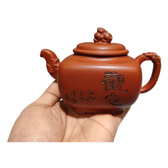 Handmade Zisha Pottery Teapots Decorative Fashion Dragon Square Rectangular Sculpted Carved Inscribed Etched Calligraphic