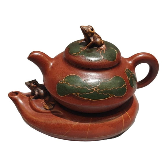 Handmade Zisha Pottery Teapots Decorative Fashion Frog Carved Gilded Sculpted Lotus Leaf Tray Round Textured Inlaid Sculpture