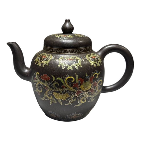 Handmade Zisha Pottery Teapots Decorative Fashion Goose Egg Shape Oval Rounded Bulbous Painted Floral Patterned Enameled Gilded