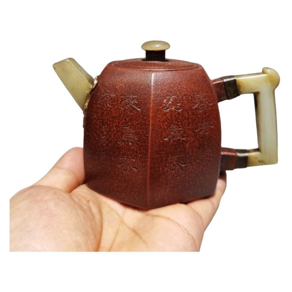 Handmade Zisha Pottery Teapots Decorative Fashion Jade Inlaid Gilt Cloud Motif Calligraphy Engraved Hexagonal Six Sided Angular