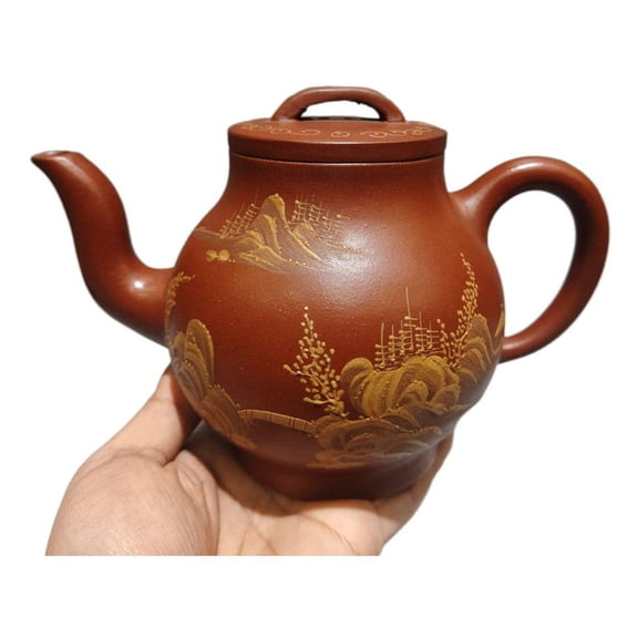 Handmade Zisha Pottery Teapots Decorative Fashion Painted Gilded Gold Accented Detailed Ornamental Rounded Landscape Scenic Rare