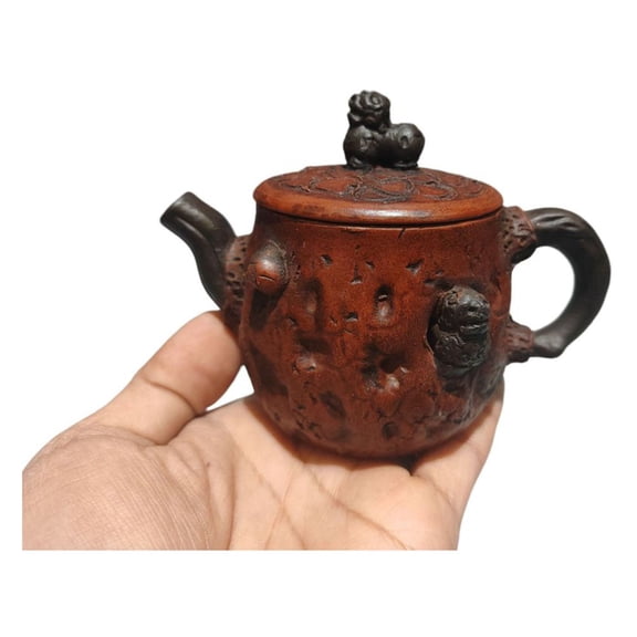 Handmade Zisha Pottery Teapots Functional Coffee Carved Sculpted Burl Foo Dog Lion Relief Biomorphic Texture Motif Calligraphy