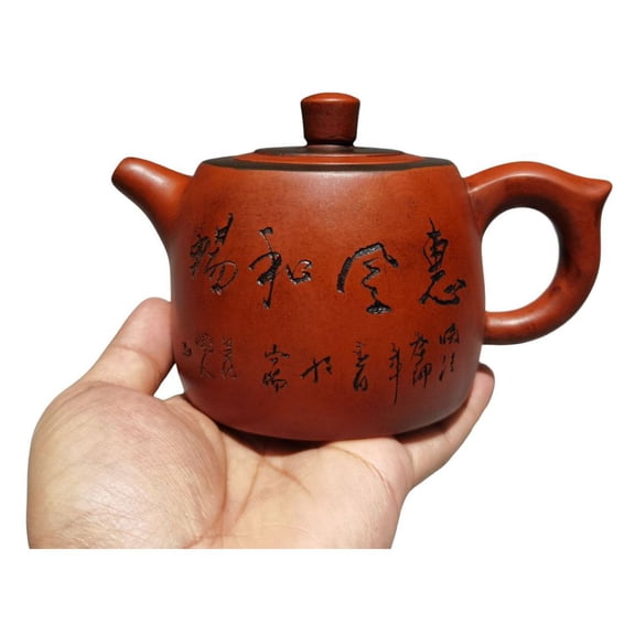 Handmade Zisha Pottery Teapots Functional Coffee Engraved Floral Patterned Well Shaped Cylindrical Dual Tone Flat Lidded