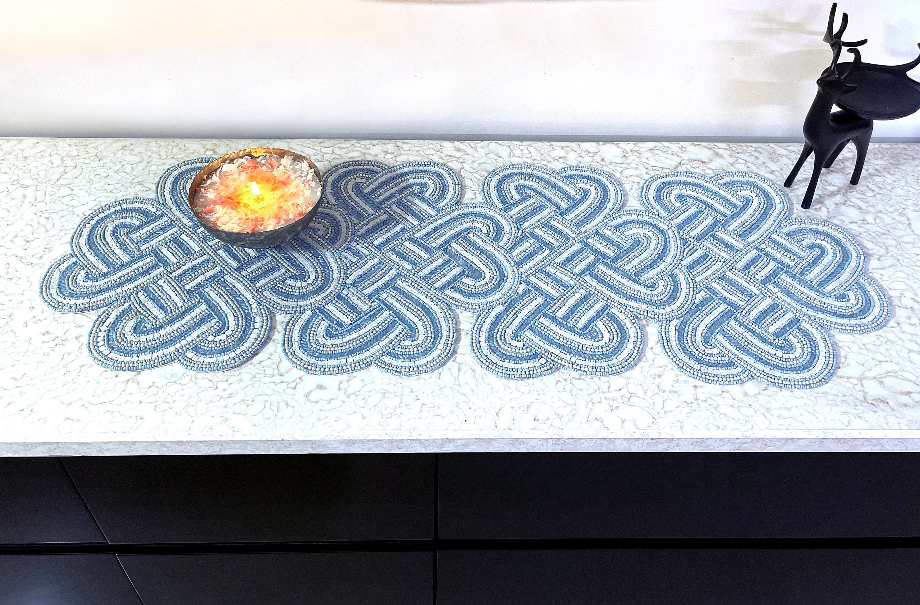 Handmade aqua blue celtic knot, hand beaded table runner