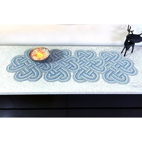 Handmade aqua blue celtic knot, hand beaded table runner