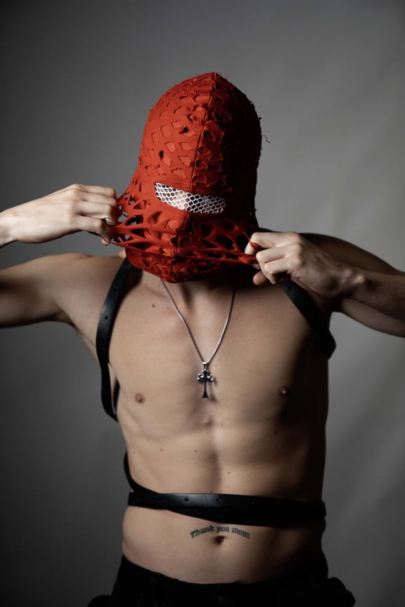 Handmade balaclava ski mask, tatty and shabby, ragged tattered design Fragmented cotton unisex for all ages winter cold indoor and outdoor