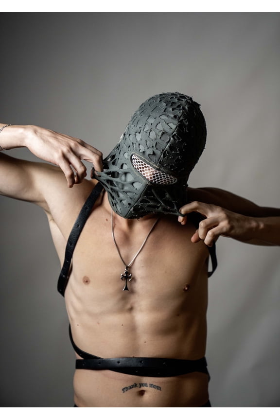 Handmade balaclava ski mask, torn and tattered, shabby tacky cotton ragged full face cover and protector Fragmented, unisex, all ages