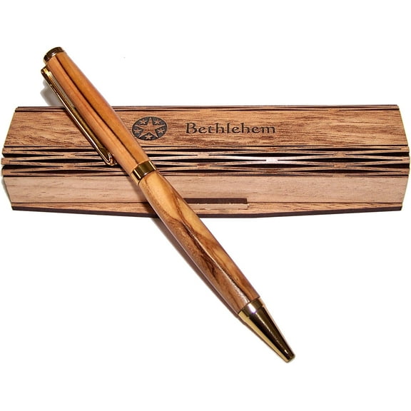 Handmade ballpoint pen handcrafted from Bethlehem Olive wood with wooden box - elegant and sleek design (Bethlehem Box)