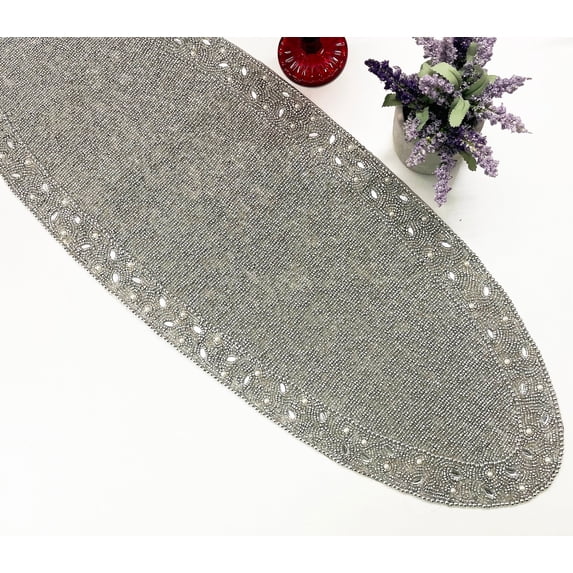 Handmade bead Christmas table runner, floral beaded runner, silver, 13x35inch