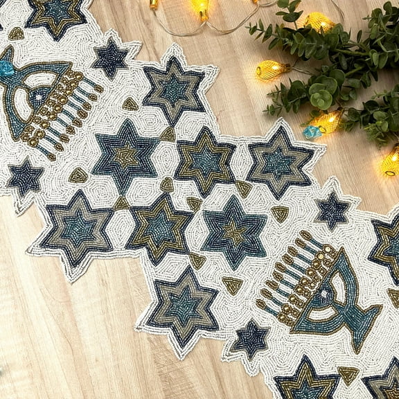 Handmade bead Hanukkah table runner, floral beaded runner, 13x36inch