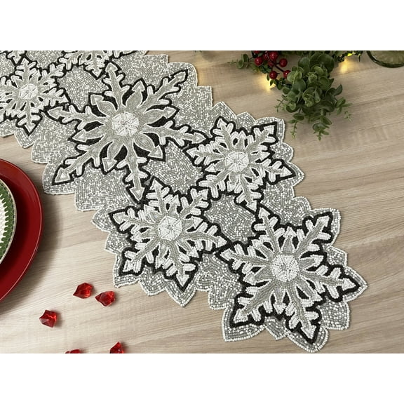 Handmade bead table runner, Christmas beaded runner, snowflakes, 13x36inch