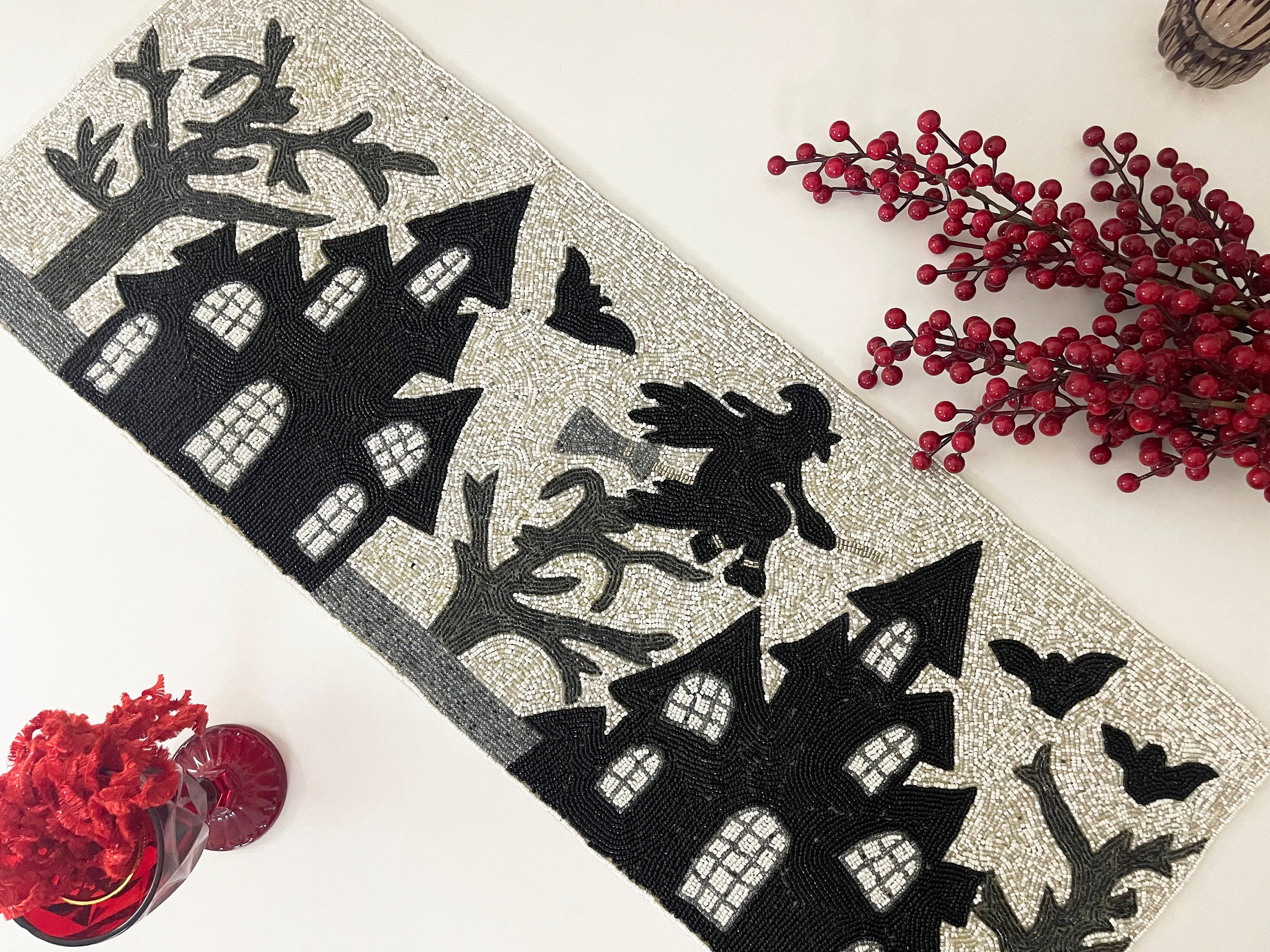 Handmade bead table runner, Halloween night, fall runner