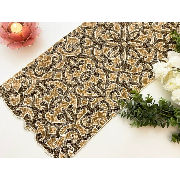 Handmade bead table runner, beaded runner, Antique gold, light gold and cream, 13x36inch