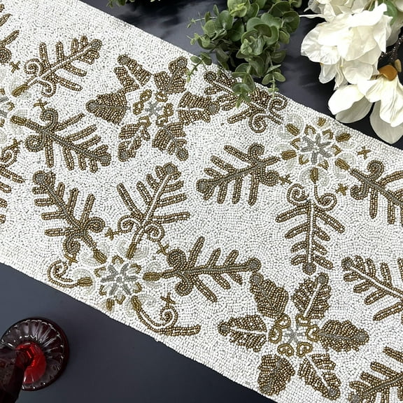 Handmade bead table runner, christmas beaded runner, snowflakes gold, silver and white, 13x36inch