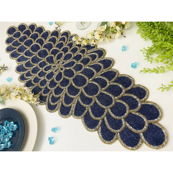 Handmade bead table runner, floral beaded runner, 13x36inch